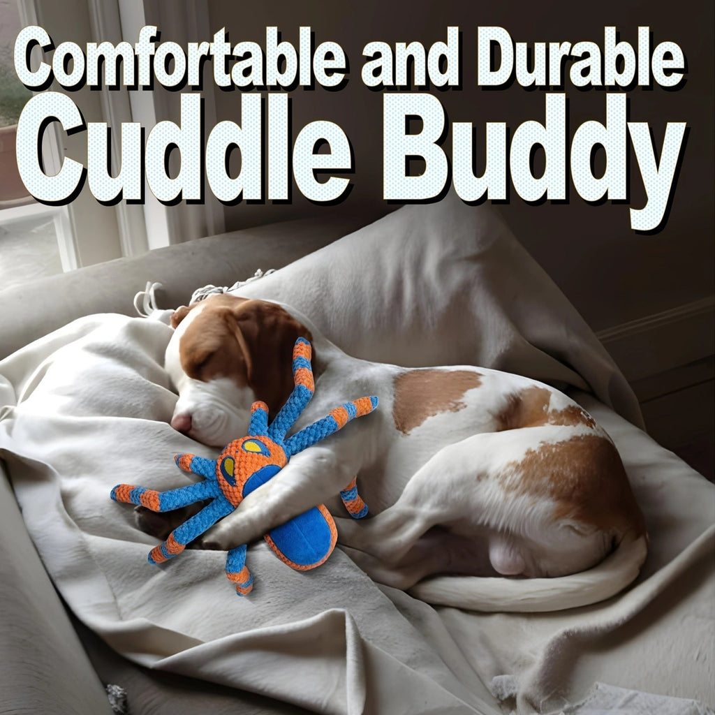Squeaky Spider Dog Toy for Large Dogs – Interactive Crinkle Tug of War Plush Puppy Toy with Squeaker Head & Crinkle Legs, Keeps Dogs Busy for Hours, No Battery Needed, Blue & Red Spider