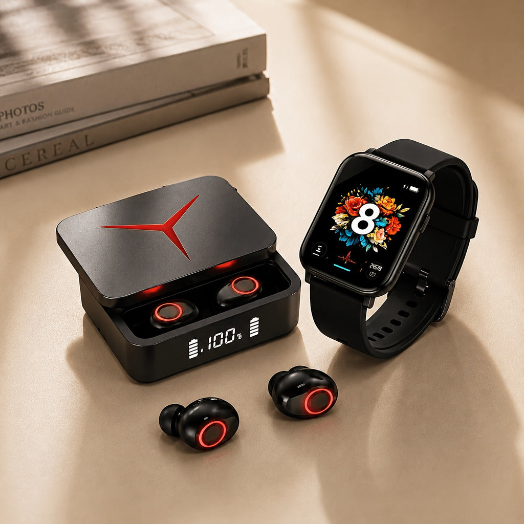 Smartwatch & Wireless Bluetooth Earphones Combo Set – GPS Tracking Health Monitor Sleep Tracker Wireless Calling Compatible with Android & iPhone Gift Set for Men Women Teens