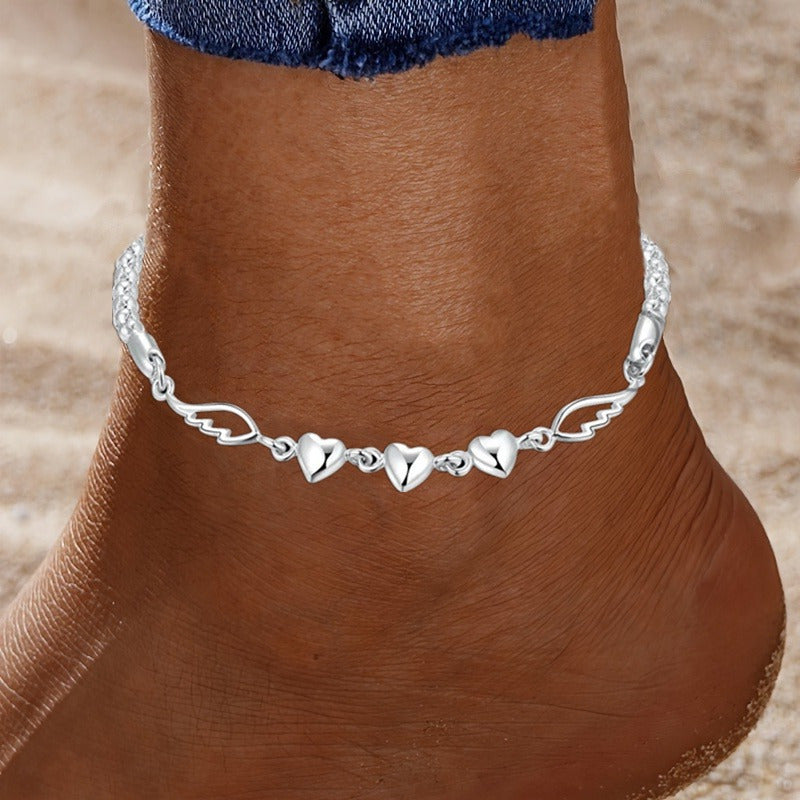 925 Sterling Silver Angel Wings Anklet for Women – Love Heart Charm Chain Anklet Nickel-Free Hypoallergenic Dainty Beach Summer Jewelry Gift for Her Birthday Valentine's Day Anniversary