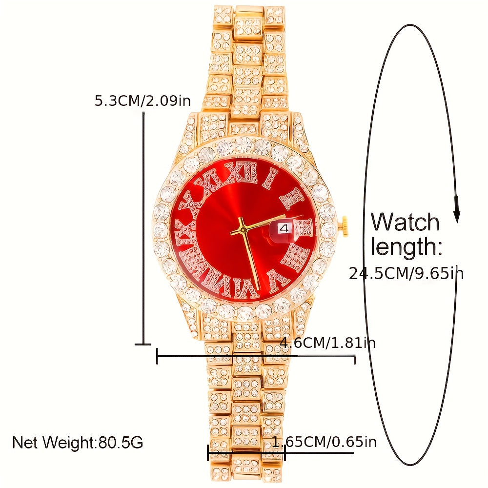 Luxury Cuban Link Jewelry Set for Men & Women – 4-Piece Necklace Bracelet Pendant Wristwatch Full Set 12 Color Options Silver Gold Pink Green Blue Hip Hop Bling Valentine's Day Christmas Gift