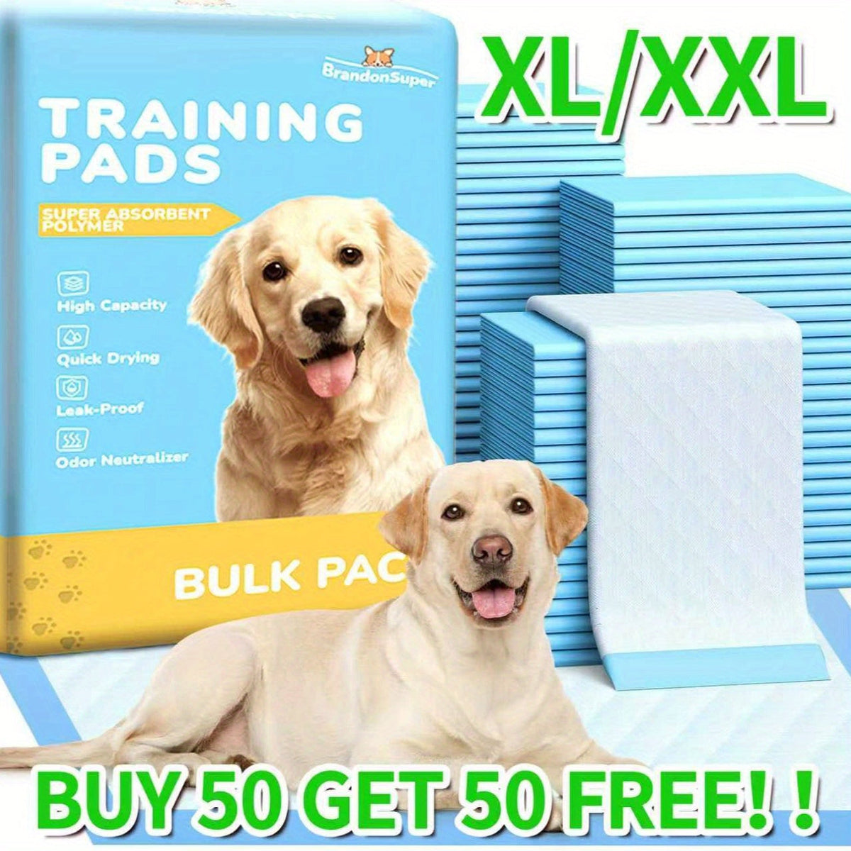Super Absorbent Dog Pee Pads XL XXL Thickened Leak-Proof Training Pads for Medium & Large Dogs – Easy to Clean, Camping & Adult Bed Care, 50+50 Free Value Pack
