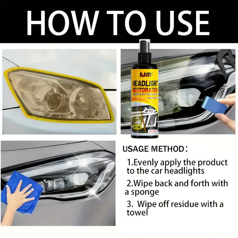 Headlight Restoration Kit Advanced Repair Spray - Clears Yellowing & Oxidation, Restores Brightness, Long-Lasting UV Protective Coating for Car Headlamps, Includes Applicator Towel