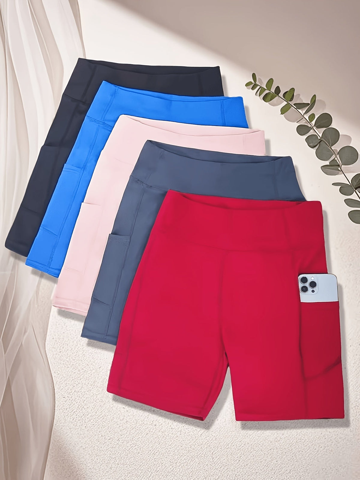 Women's High-Waisted Cycling Shorts 5-Pack with Pockets Mixed Colors – Stretch Polyester Yoga Gym Running Workout Shorts for Active Women Sizes M to XXL