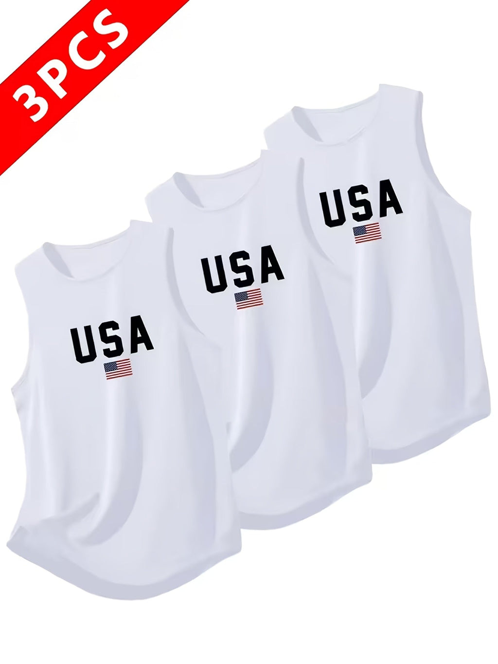 Men's Quick-Dry Moisture-Wicking Sleeveless Tank Tops 3-Pack USA Letter Print Breathable Athletic Vest for Gym, Running & Training - Black, White, Gray