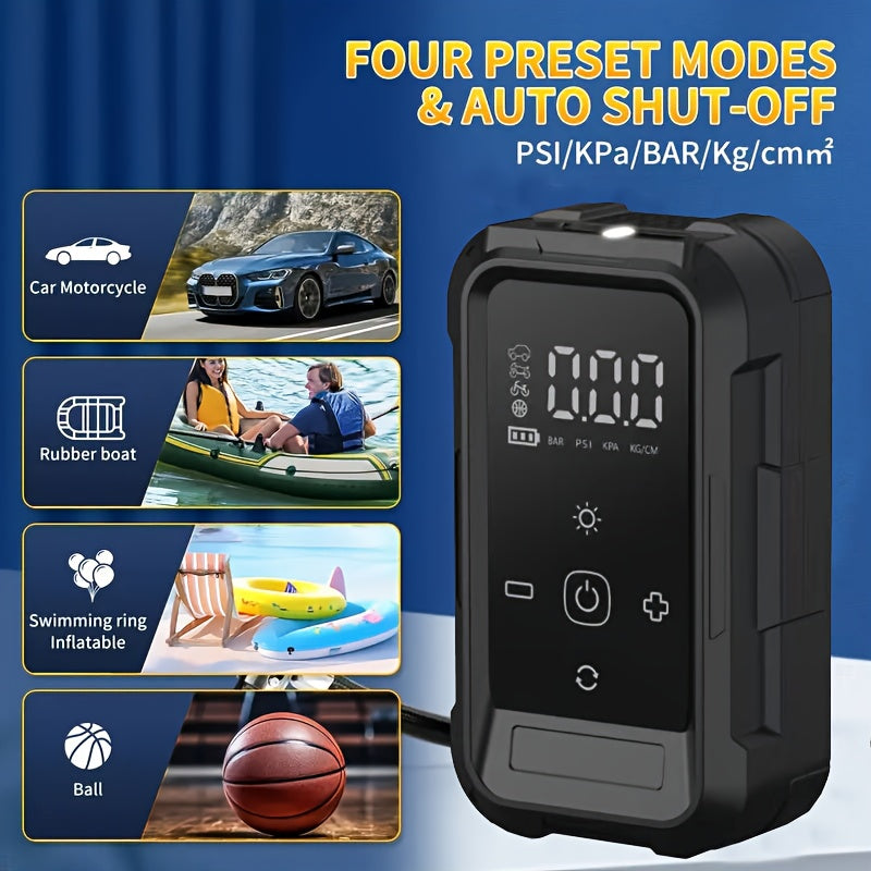 Portable Cordless Tire Inflator – Smart Wireless Air Compressor with Digital Tire Pressure Gauge & LED Light for Cars, Motorcycles, Bicycles & Balls, Type-C Fast Charging