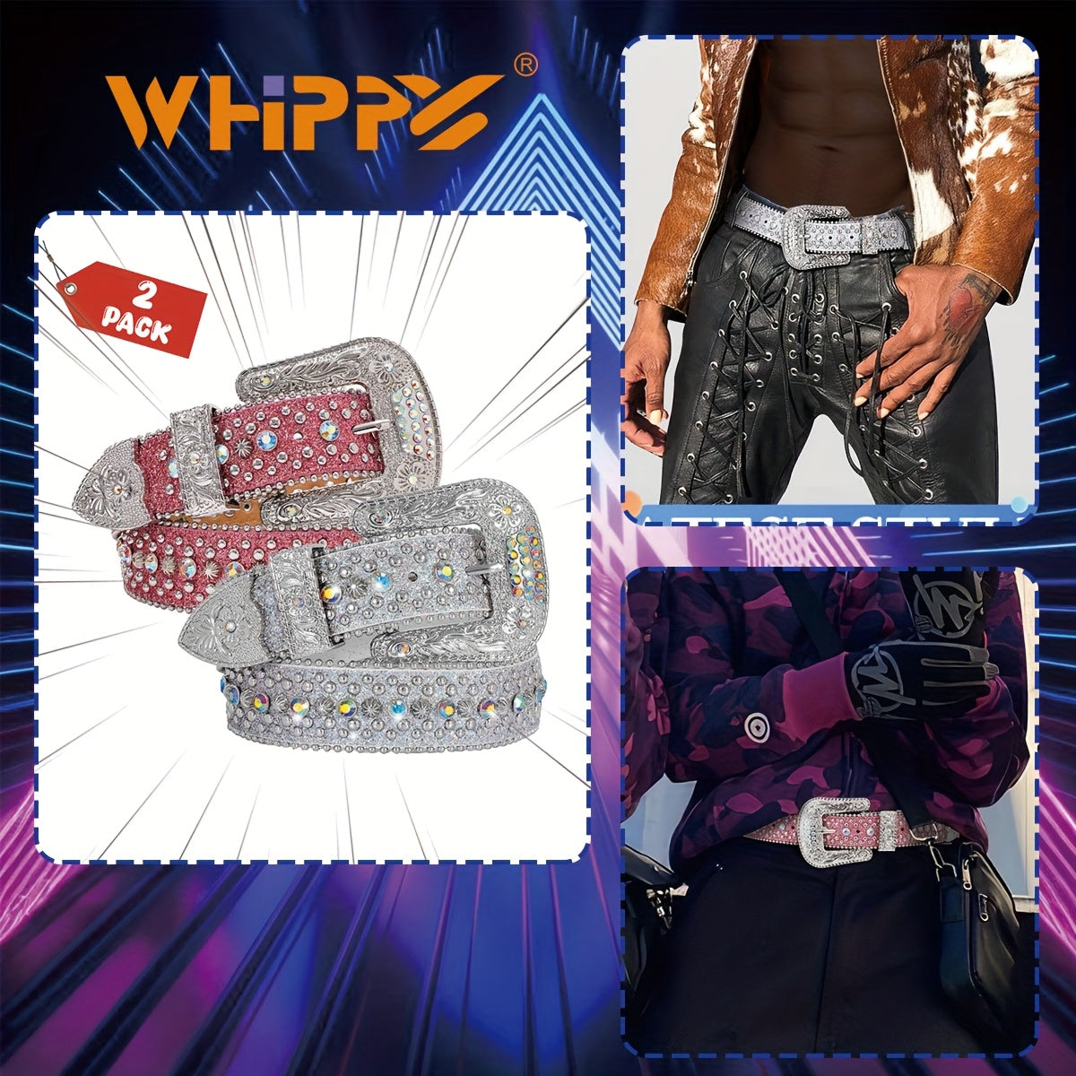 Rhinestone Belt Unisex Western Cowgirl Bling Faux Leather Removable Buckle – Sparkling Adjustable Waist Belt for Women Men 13 Colors Sizes S-XL Party Festival Halloween Christmas Gift