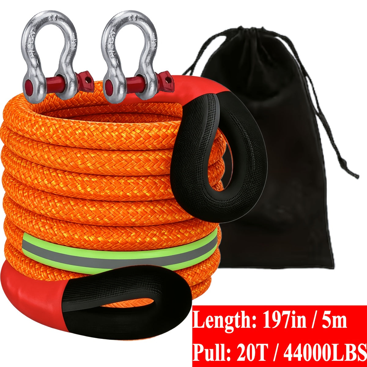 Heavy Duty Tow Rope and Hook Combo Set 196.85 Inch Nylon Recovery Rope 5 18 20 Ton with 2 Steel U-Hooks and Storage Bag Off-Road Vehicle Recovery for Truck SUV UTV ATV Jeep 3 Size Options