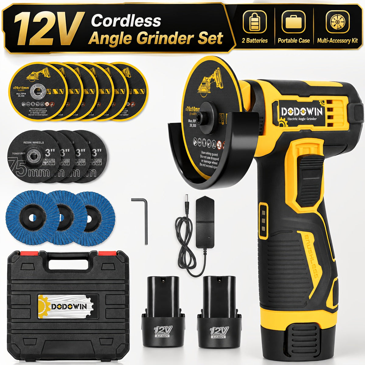 Mini Cordless Angle Grinder 19500 RPM Lithium Battery – Electric Grinding & Polishing Tool for Metal Wood Stone & Concrete with 1 or 2 Batteries Included