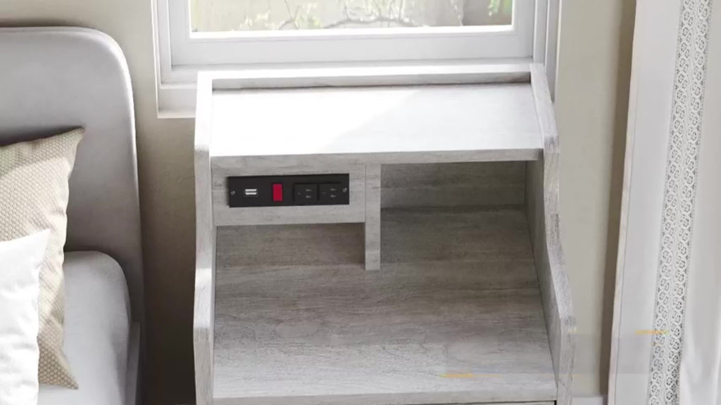 Nightstand with Charging Station 2 USB Ports 2 Outlets - 3 Drawers Hutch Bedroom End Table Sofa Side Table for Living Room Office Gray White 14x17.7x26.8 Inch