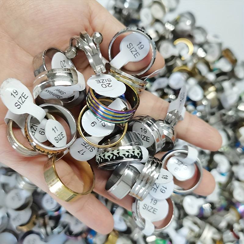 100 Pcs Stainless Steel Rings Bulk Set with Box – Assorted Mixed Styles Heart & Stripe Bands for Women, Men & Couples, Colorful Wholesale Jewelry Gift Pack, Random Assortment