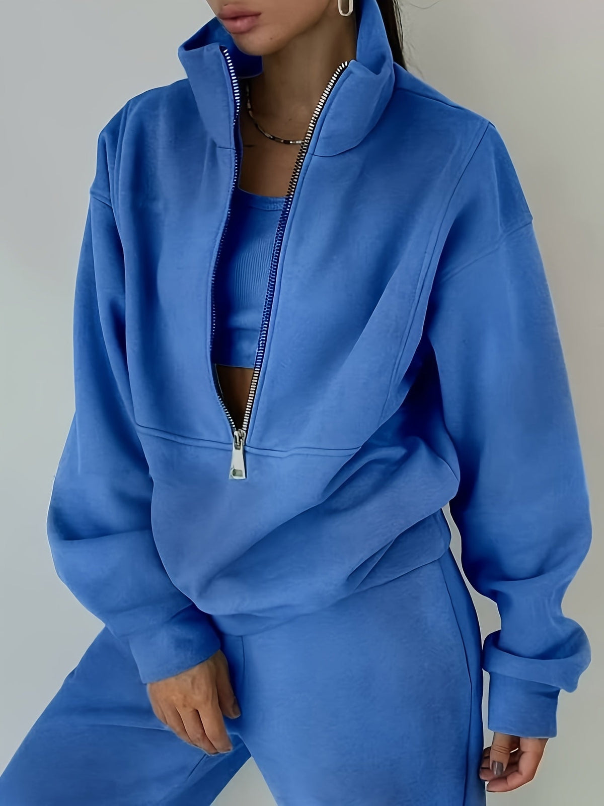Fleece Two-Piece Set Women Sporty Street Casual Sweatshirt Pants Soft Cozy Matching Loungewear 10 Colors Pink Blue Black Purple Olive Green S-XXL