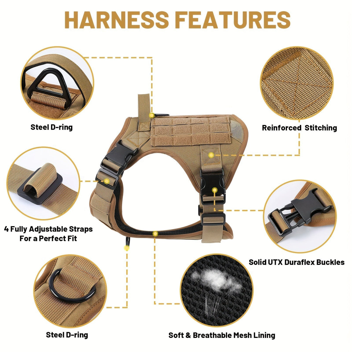 Tactical Dog Chest Harness – Military-Style No-Pull Pet Vest with Control Handle, Adjustable Secure Fit for Active Dogs, Solid Pattern, Sizes S to XL, Ideal for Training Hiking Walking