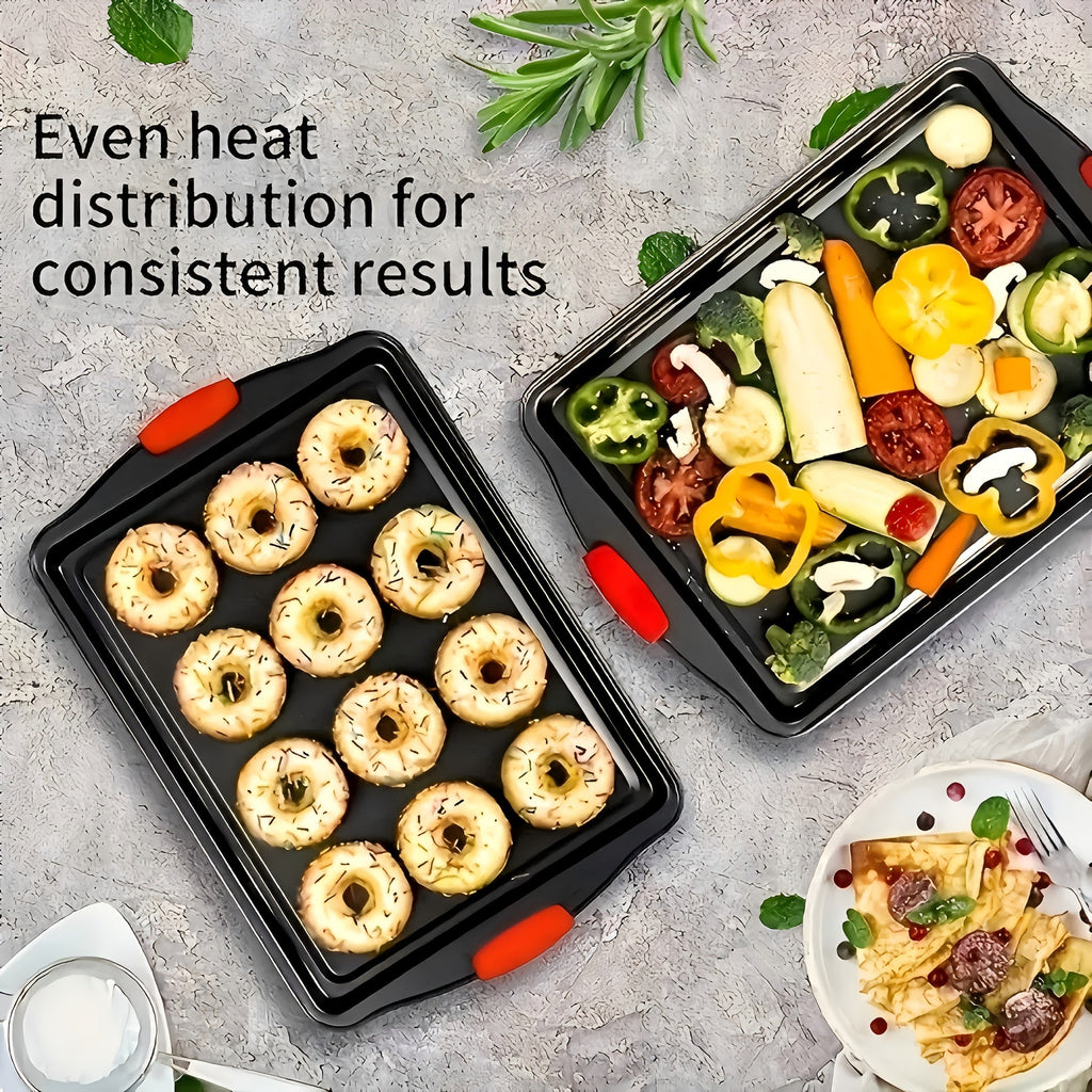 Carbon Steel Non-Stick Baking Pan Set 3-Piece – Commercial Restaurant Grade Oven Safe Bakeware with Red Silicone Handle Double-Sided Coating Sheet Pan Cookie Tray Roasting Pan for Home Kitchen