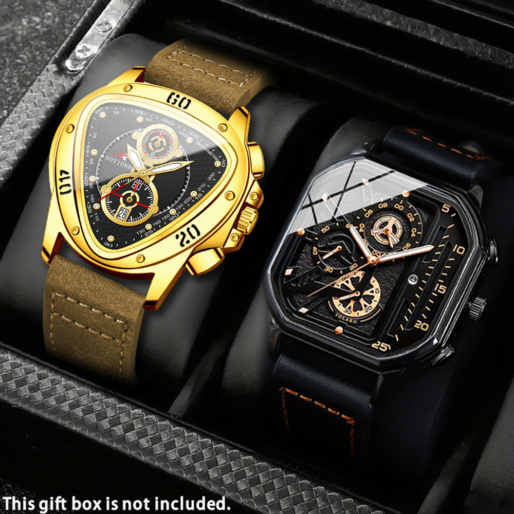 2pcs Men's Watch Set Sports Triangle Dial Silicone Strap and Retro Square Dial Quartz Watches with Date Display Dress Watch for Casual Valentine's Father's Day Gift