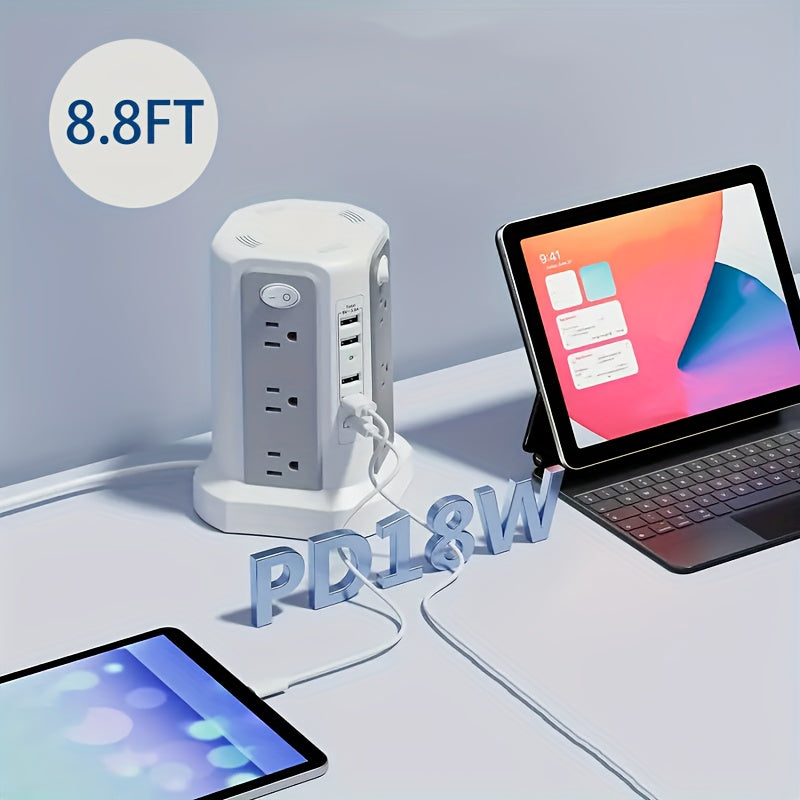 Power Strip Tower 16 AC Outlets 5 USB Ports USB-C PD20W Fast Charging 1500J Surge Protector Flat Plug Desktop Extension Cord for Home Office Dorm Room Workstation 10 Style Options