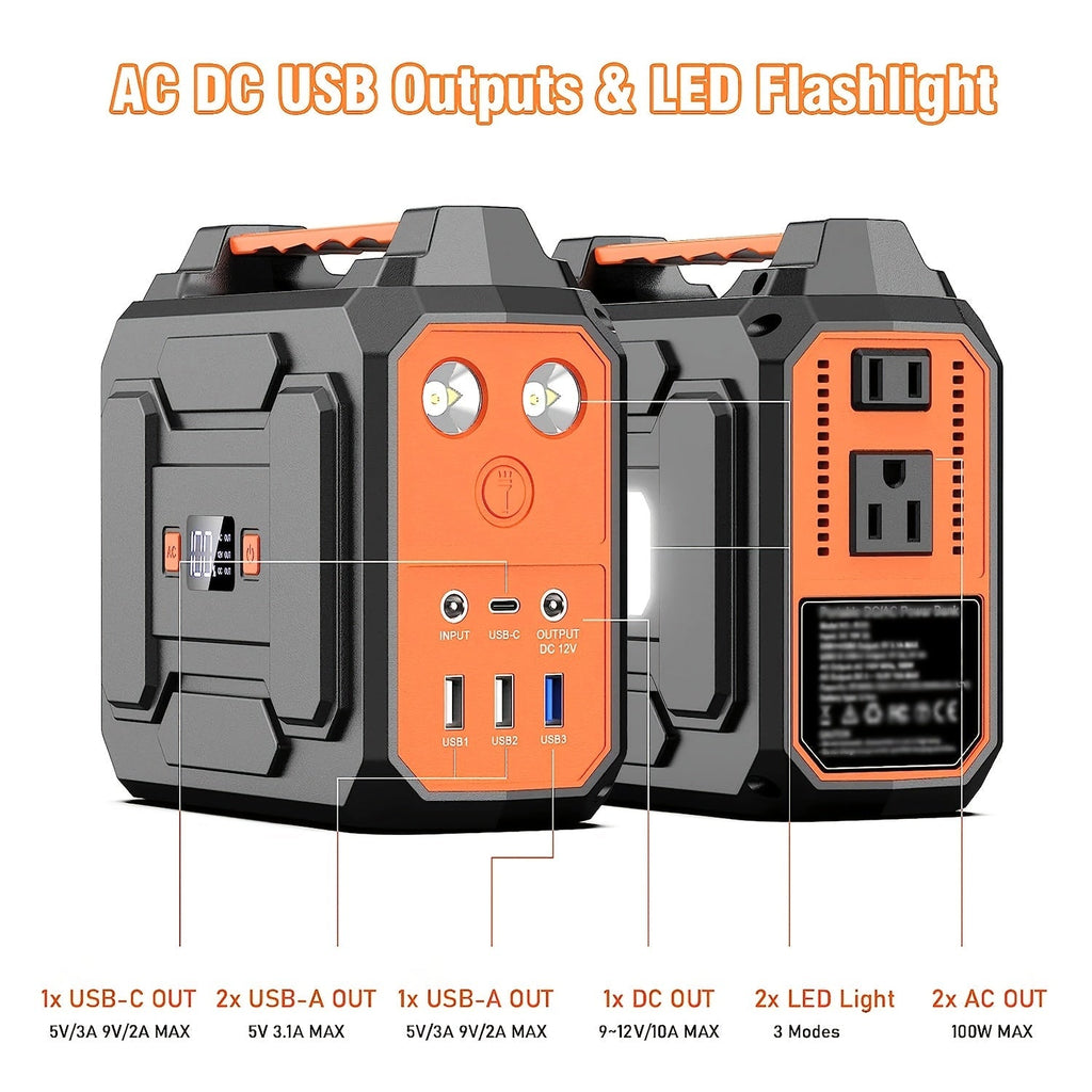 Portable Power Station 100W 300W Solar Generator AC Outlet USB QC3.0 Fast Charge DC Port LED Flashlight High Capacity Battery Pack for Camping Hiking CPAP Emergency Backup Power