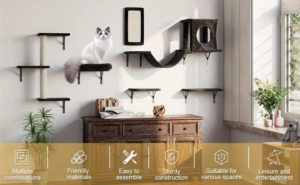 Wall Mounted Cat Climbing Shelf Set 7-Piece Deluxe Indoor Cat Furniture with Condo Scratching Post Bridge Ladder Tunnel – Space-Saving Cat Wall Playground for All Cat Sizes