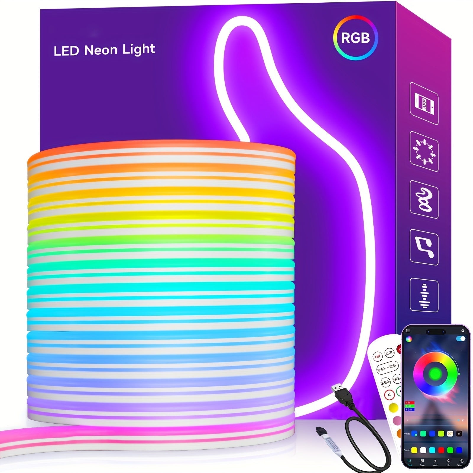 RGB LED Neon Rope Light IP65 Waterproof App & Remote Control Music Sync – Color-Changing Flexible Silicone Strip 3.2ft 9.8ft 16.4ft for Gaming Bedroom & Outdoor Decor