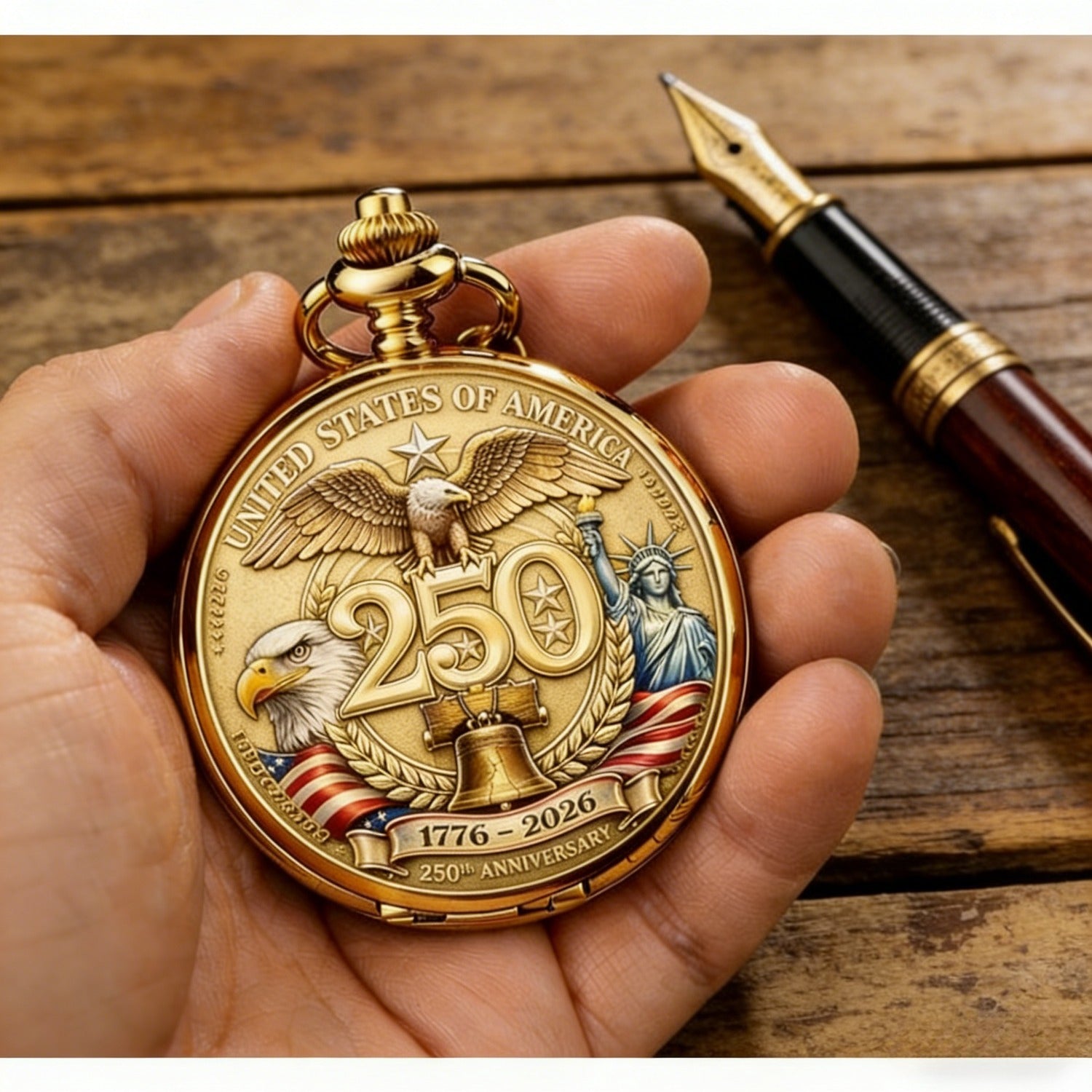 USA 250th Anniversary Pocket Watch 1776–2026 – Retro Wind-Up Mechanical Timepiece Bald Eagle Statue of Liberty Patriotic Commemorative Collector Gift for History Buffs Veterans American Pride