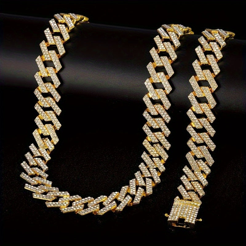 Cuban Link Necklace and Bracelet Set Rhinestone Zircon Bling Hip Hop Jewelry Set Gold Silver Rose Gold Y2K Punk Chain Set for Women Men Gift