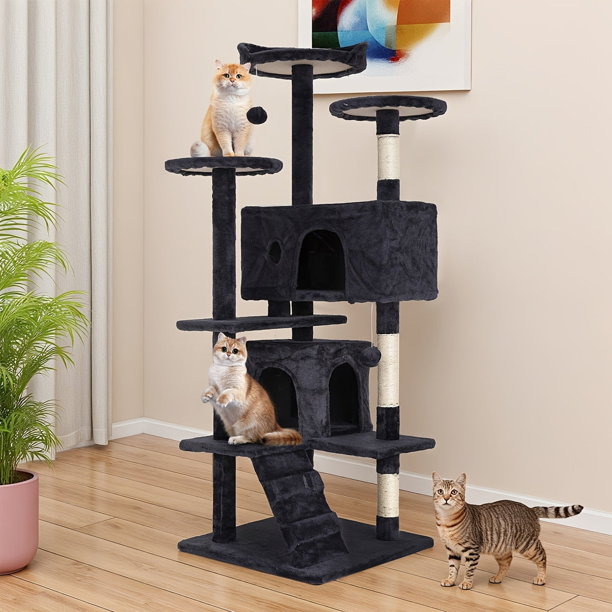 Multi-Level Cat Tree Tower with Scratching Post Indoor Kitten Activity Center Playhouse Easy Assembly 22 54 60 70 Inch Heights 7 Colors Dark Gray Beige Pink Navy Blue Green
