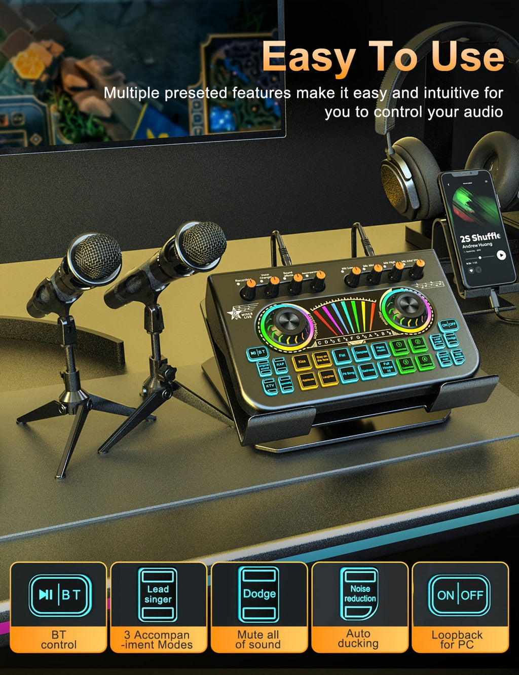Microphone Mixer Bundle Kit for Podcast Recording Studio – Audio Mixer with Mic Stand, Sound Card, Streaming & Karaoke Setup for PC Phone Gaming