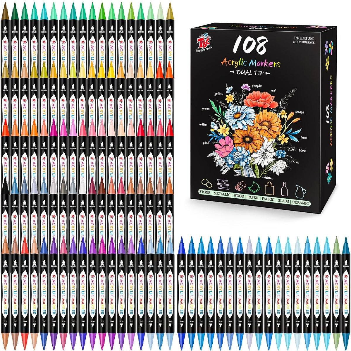 Dual Tip Acrylic Paint Markers 48 72 108 Colors – ASTM Certified Non-Toxic Waterproof Fine & Broad Tip Paint Pens for Rock Painting, Canvas, Glass, Wood, Pottery & DIY Crafts