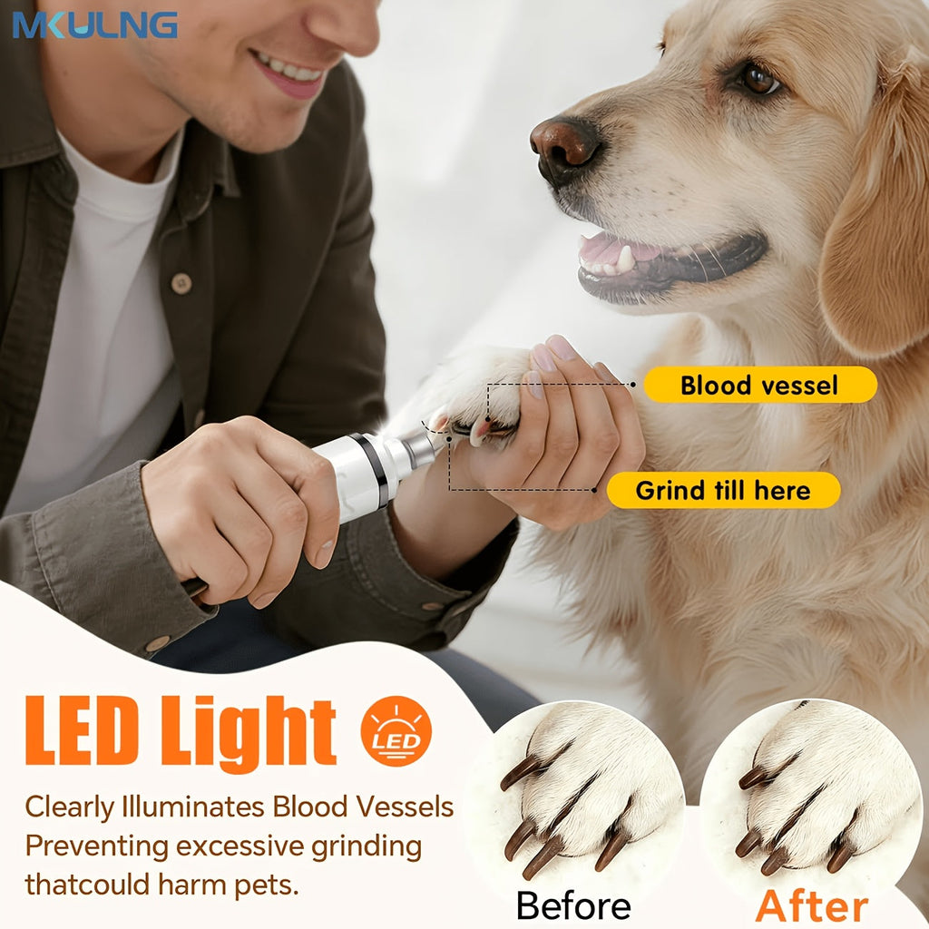Quiet Dog Nail Grinder with LED Light – Upgraded 3-Speed Rechargeable Electric Pet Nail Trimmer & Grinder Kit, Painless Paw Grooming for Small Medium Large Dogs & Cats