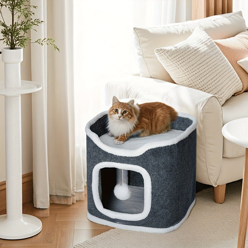 Multi-Level Foldable Cat Tree Tower for Indoor Cats Scratching Post Cozy Perch Cat Condo with Hanging Toy Ball & Hideaway – Soft Bed, 1/3/4 Tier Options, Light Gray Dark Blue Camel