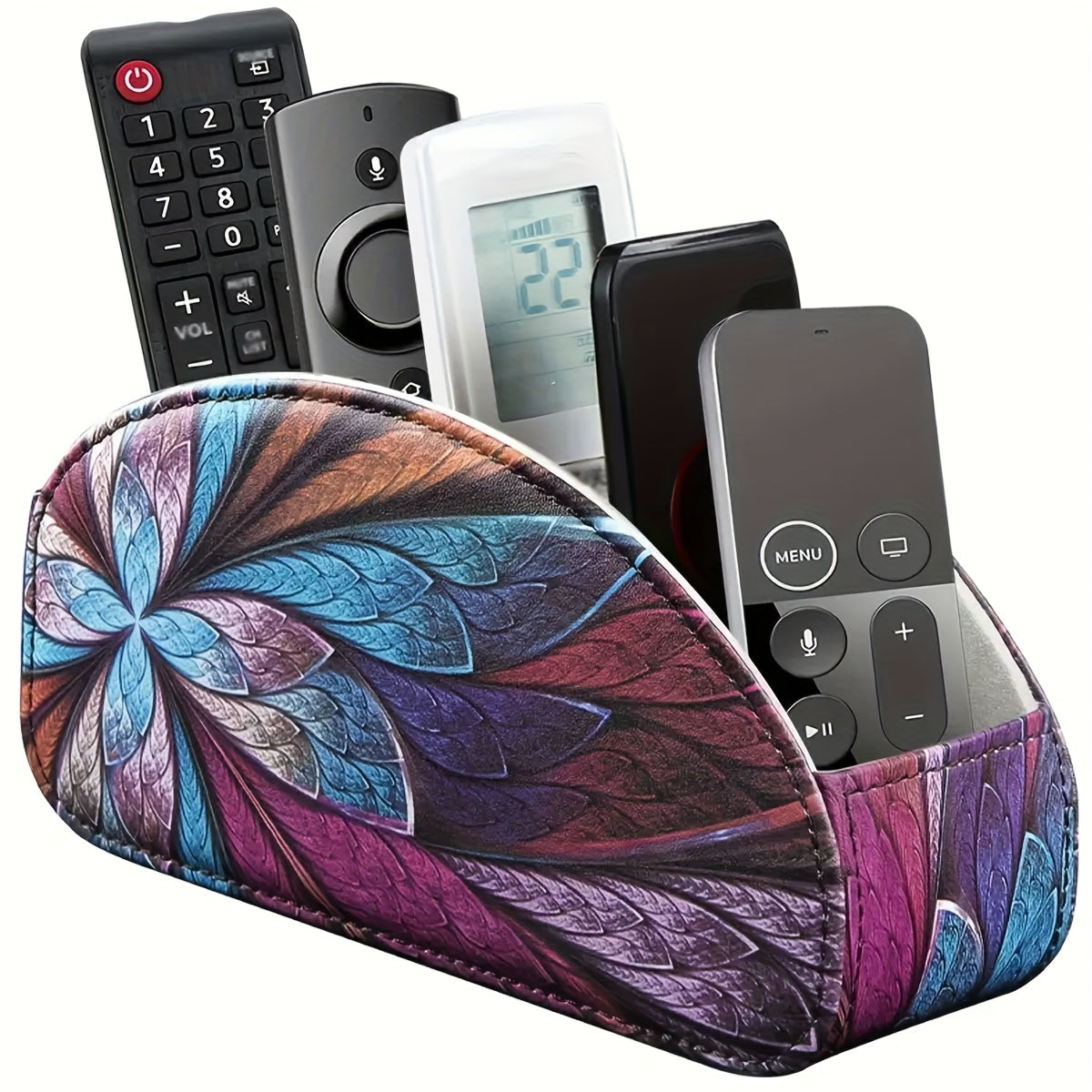 Remote Control Holder with 5 Compartments, Faux Leather Desktop Organizer Caddy for Living Room, Holds TV Remotes Pens Eyeglasses Makeup Brushes Office Stationery, Home Decor Storage Box Accessory