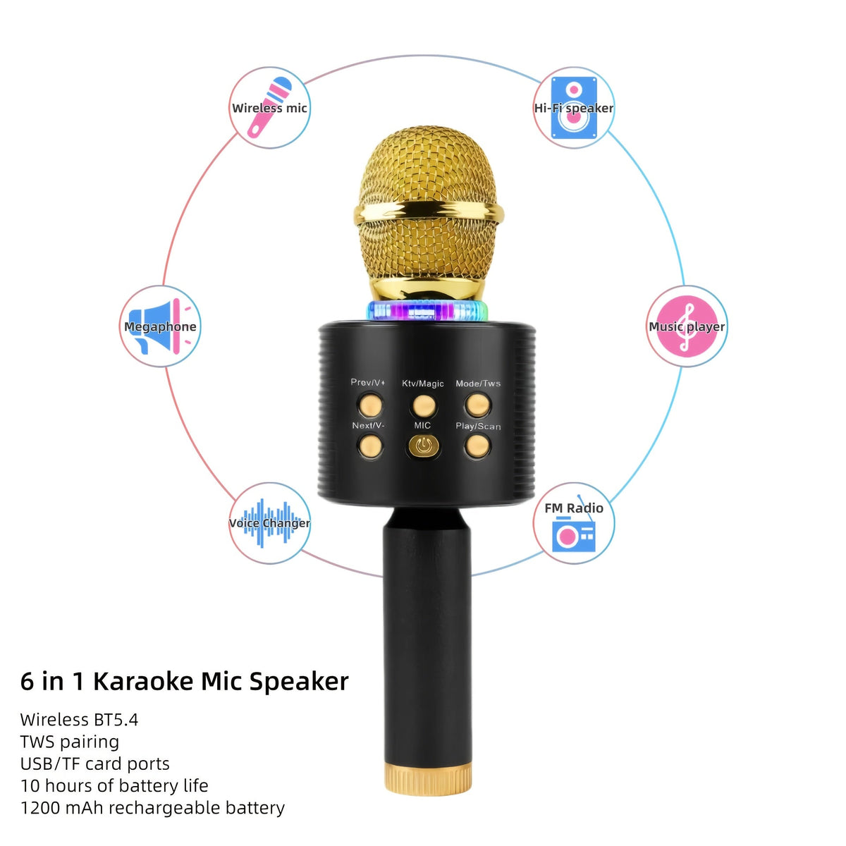5-in-1 Wireless Karaoke Microphone with Built-In Speaker, LED Lights & Voice Changer – Portable Bluetooth Singing Mic for Parties, Family Gatherings, Travel & Outdoor Fun, 10 Colors