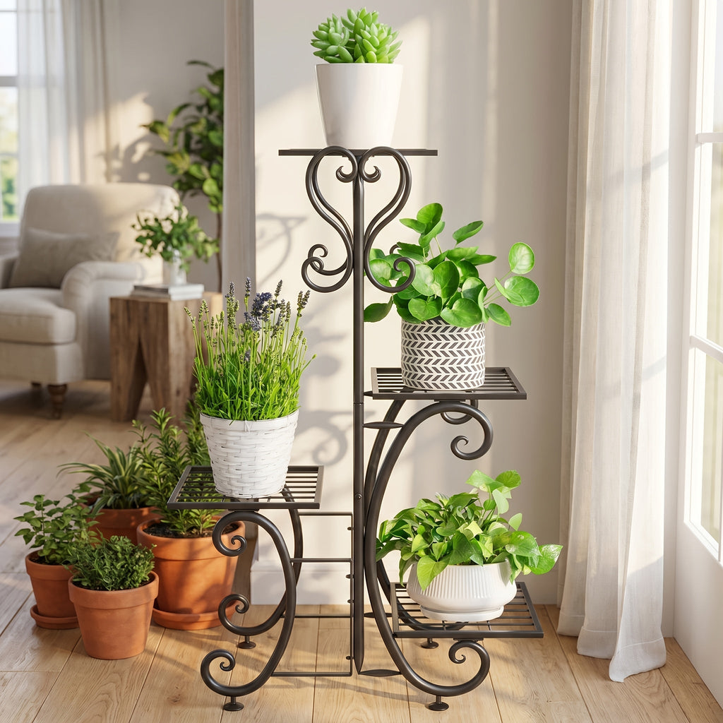 4 Tier Metal Plant Stand Indoor Outdoor Wrought Iron Corner Flower Pot Holder Display Rack Patio Balcony Garden Office Planter Shelf Black HYP-50 6 Tier