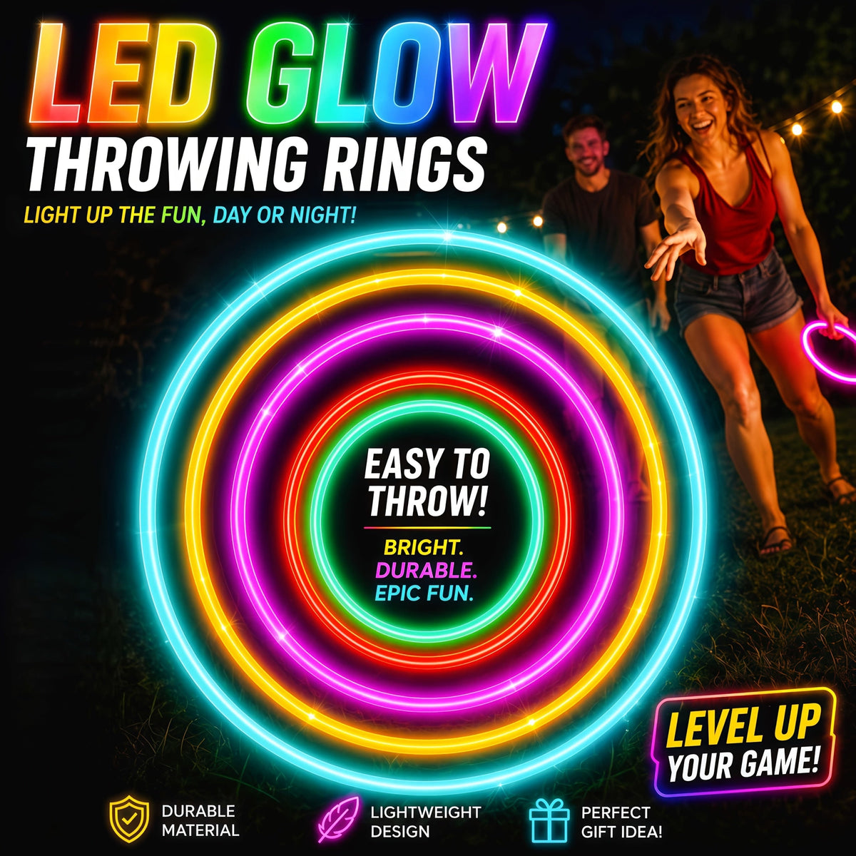 Multi-Color LED Ring Toss Game Set for Day & Night Play – Multiplayer Interactive Outdoor Lawn Game for Backyard, Beach & Camping, Family Birthday Holiday Gift for Kids & Adults