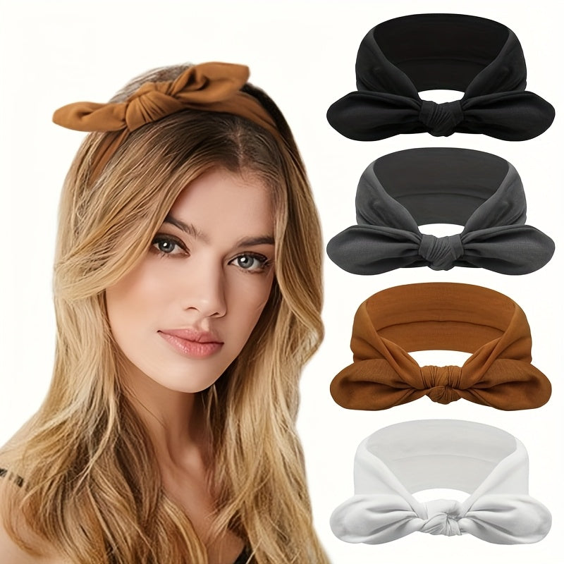 Rabbit Ear Bow Headbands for Women 4 Pack Wide – Non-Slip Elastic Sports Yoga Gym Hair Wrap Soft Thick Turban Hairband Set, Cute Bow Knot Hair Accessories Gift for Girls & Teens