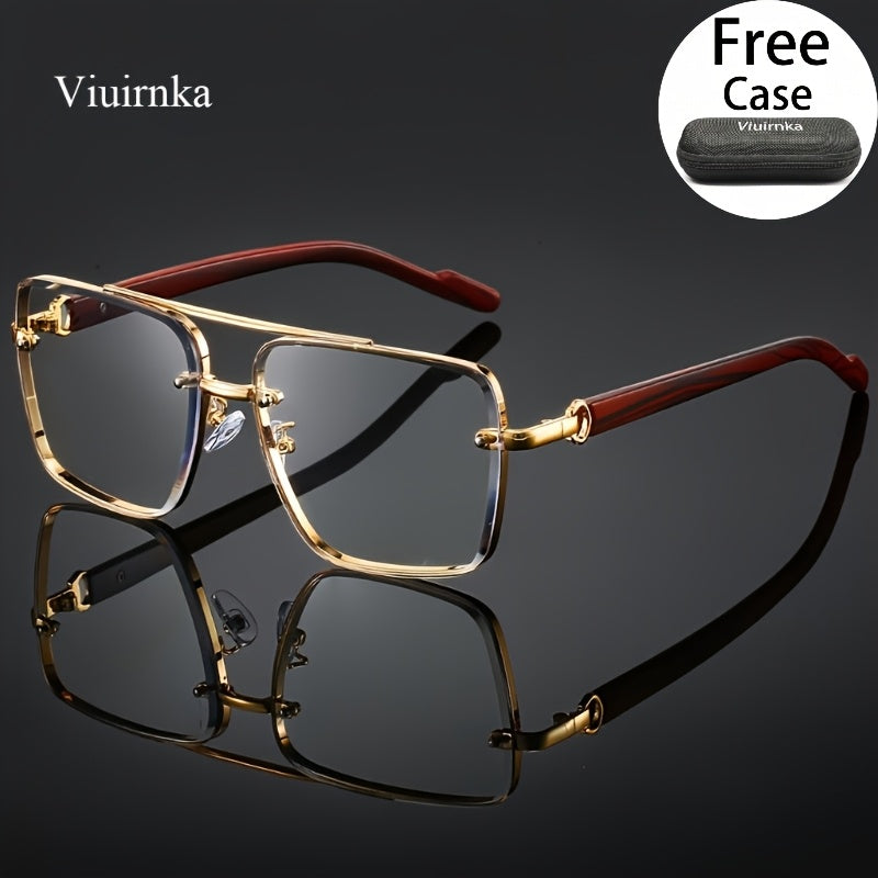Square Retro Sunglasses Wood Grain Double Beam Unisex – UV Protection Fashion Eyewear with Case 7 Colors for Men Women Driving Travel Beach Street Photography Holiday Gift