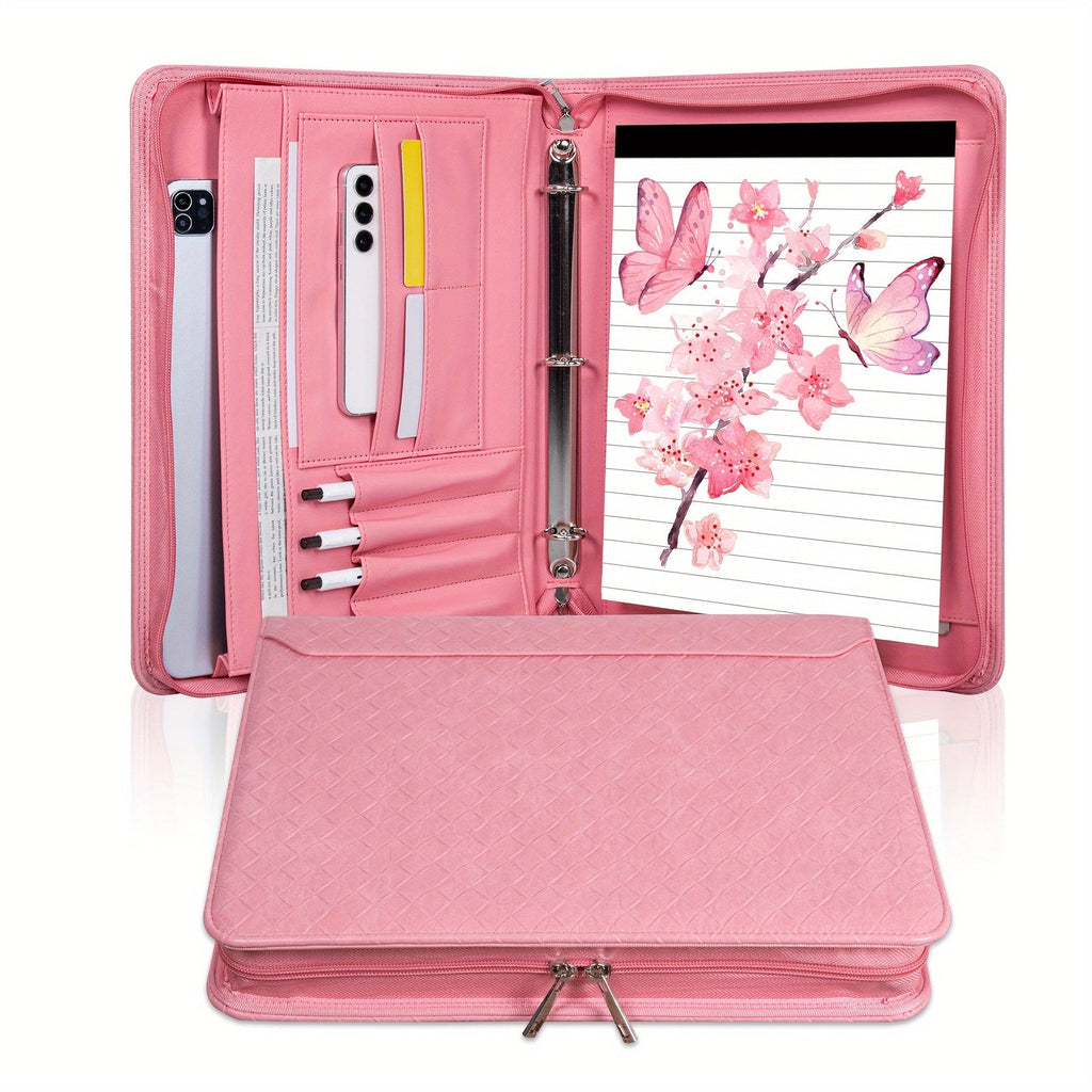 Vegan Leather Portfolio Binder 3-Ring Zipper with Laptop Pocket A4 Legal Work Organizer for Women Men Office School