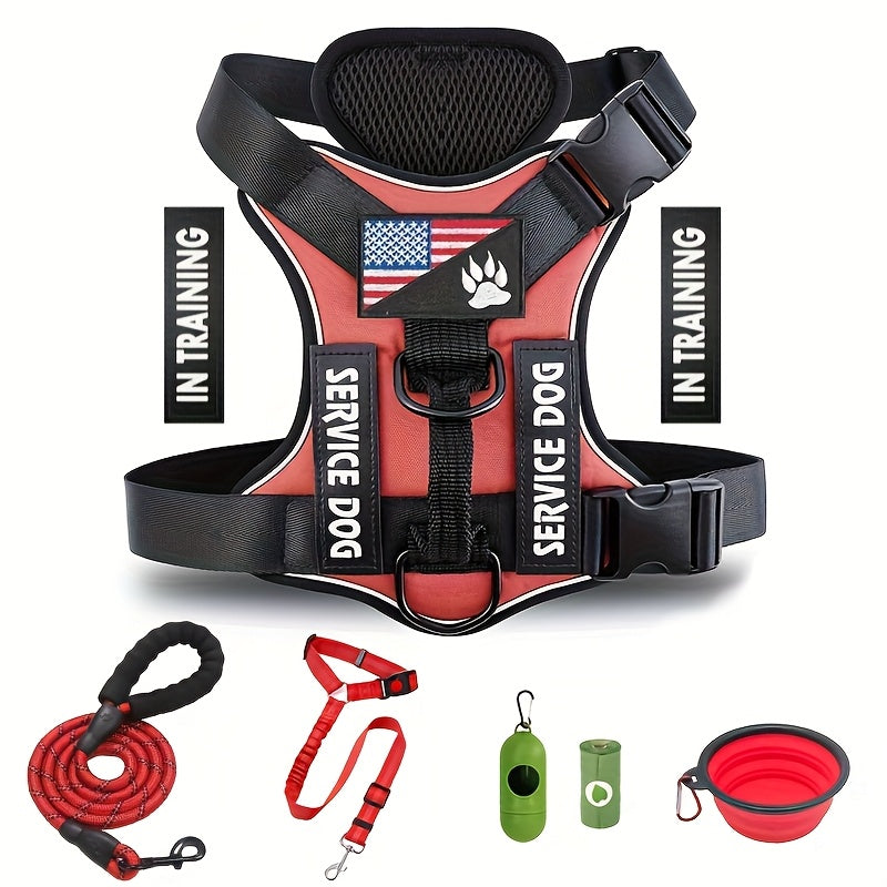 Dog Vest Harness Set with Leash – Adjustable No-Pull Harness Includes 5 Patches, Seat Belt, Collapsible Bowls & Poop Bag Dispenser for Training Walking Hiking XS to XL