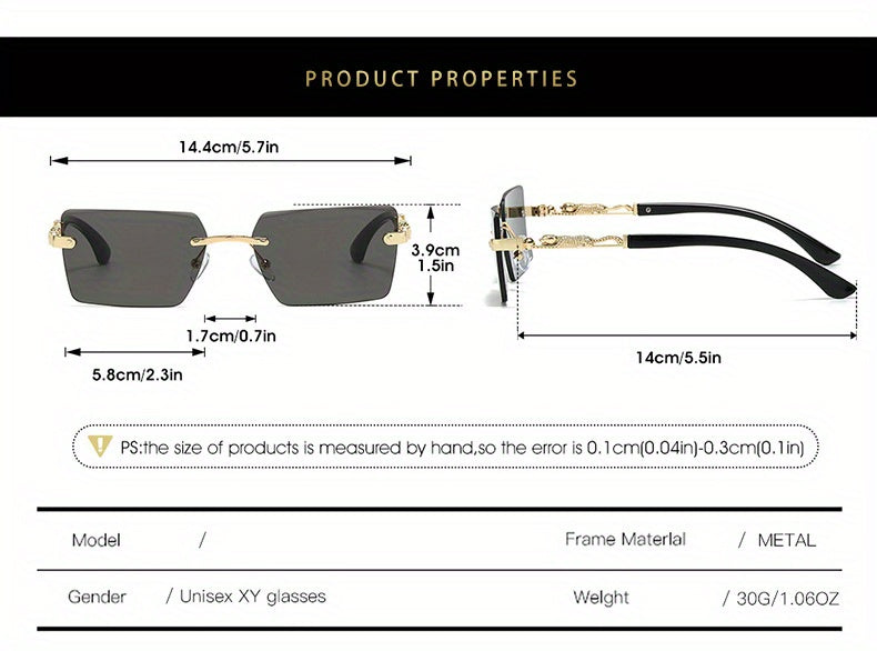 Unisex Luxury Frameless Sunglasses with Leopard Arms - UV400 Narrow Rectangular Lens Black & Gold Fashion Eyewear for Men & Women, Includes Protective Case & Cleaning Cloth for Driving Travel & Parties