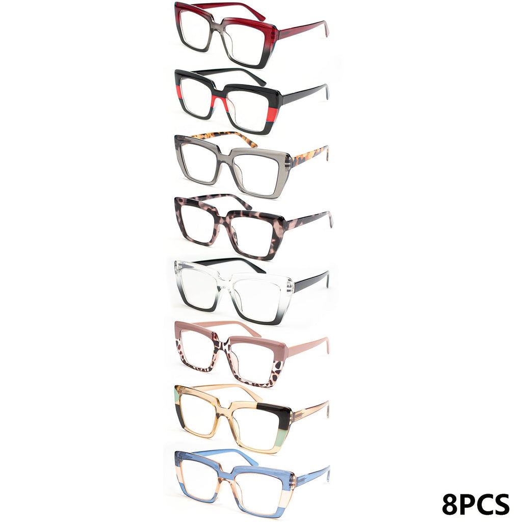 8-Pack Retro Rectangular Reading Glasses for Women Color Clash Design Spring Hinges Comfortable Fit Party Holiday Halloween Christmas Gift +100 to +400