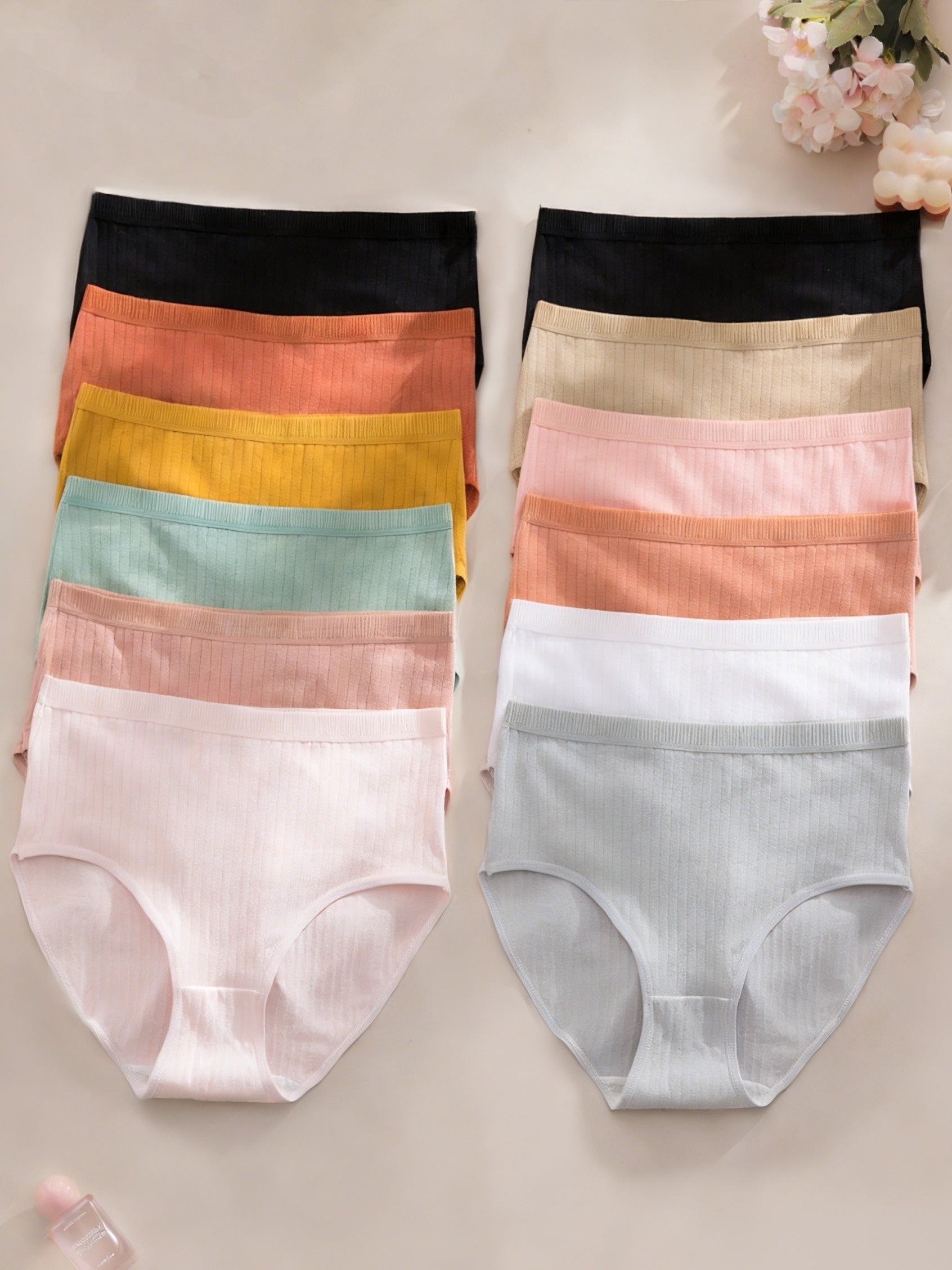 6-Pack Ribbed Thong Panties – Women's Soft Breathable Mid-Waist Triangle Underwear, Rib-Knit Texture, Solid Colors, Maternity-Friendly Everyday Panties