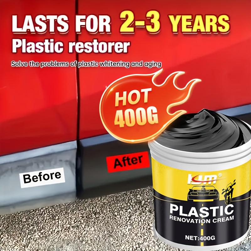 Car Plastic Rubber Repair Cream All-in-One Trim Restorer Scratch Remover Tire Shine Wax Anti-Cracking Anti-Aging UV Protection Formula for Interior Exterior Car Detailing Includes Sponge