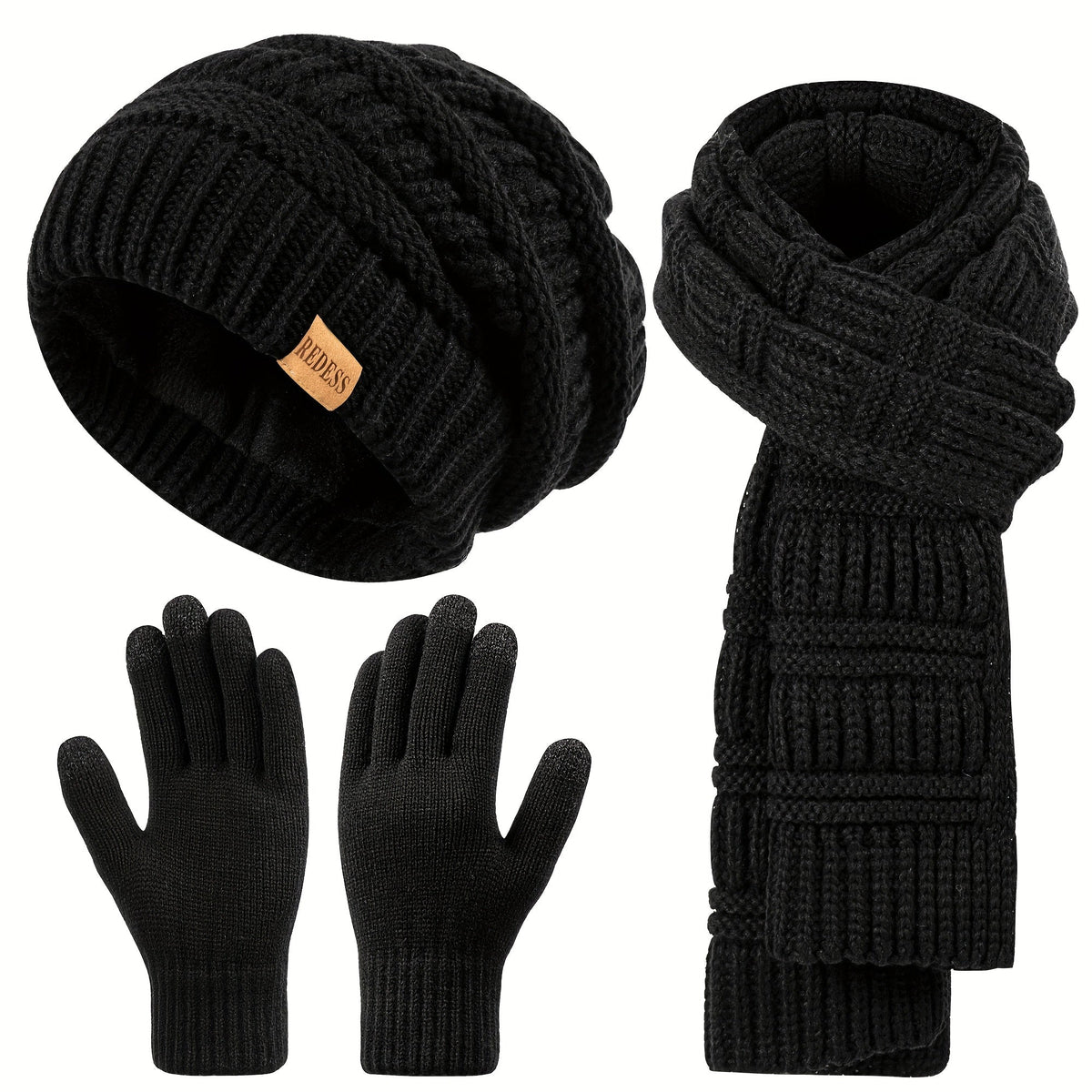 Women's 3-in-1 Winter Set Hat Long Scarf Touchscreen Gloves Soft Warm Cold Weather Accessories 4 Colors Gift for Her