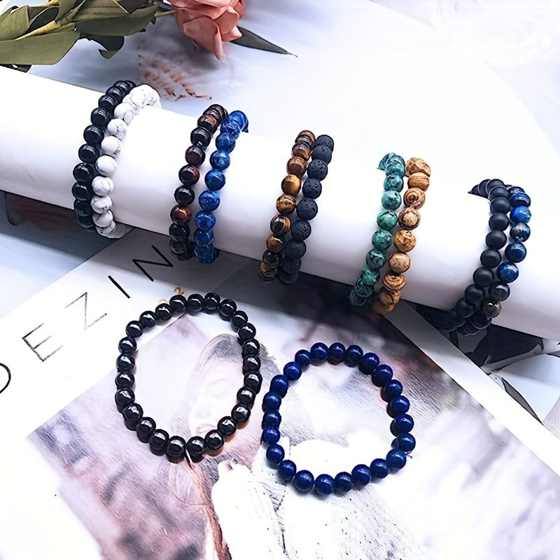 10-Piece 8mm Natural Stone Stretch Beaded Bracelet Set Unisex Stackable Round Bead Vintage Style Men Women Holiday Gift