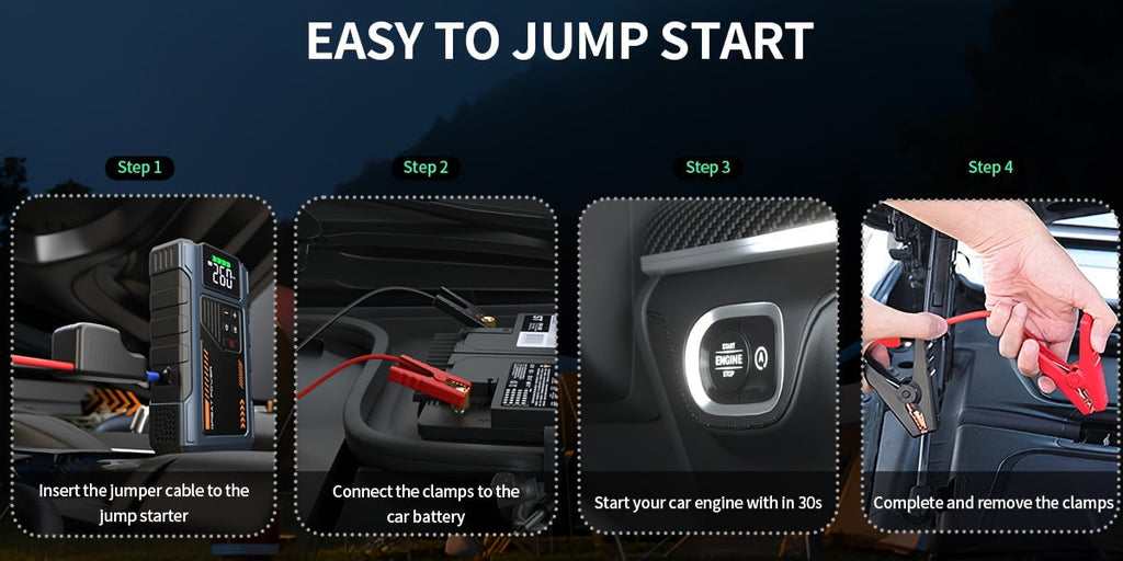 4000A Car Jump Starter with Air Compressor & Tire Inflator – All-in-One Portable Battery Booster for Gas & Diesel Engines, LED Light USB Power Bank Digital Display, Compact Emergency Car Starter