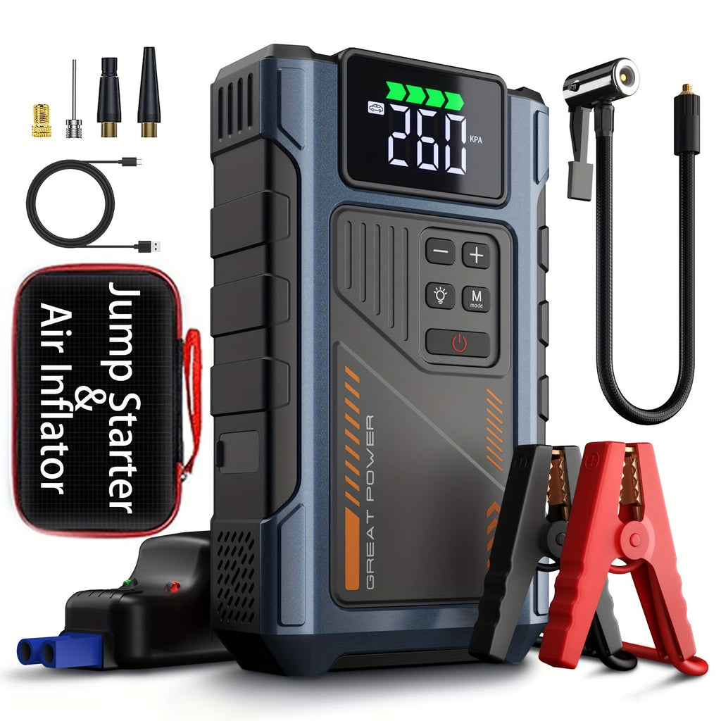 4000A Car Jump Starter with Air Compressor & Tire Inflator – All-in-One Portable Battery Booster for Gas & Diesel Engines, LED Light USB Power Bank Digital Display, Compact Emergency Car Starter