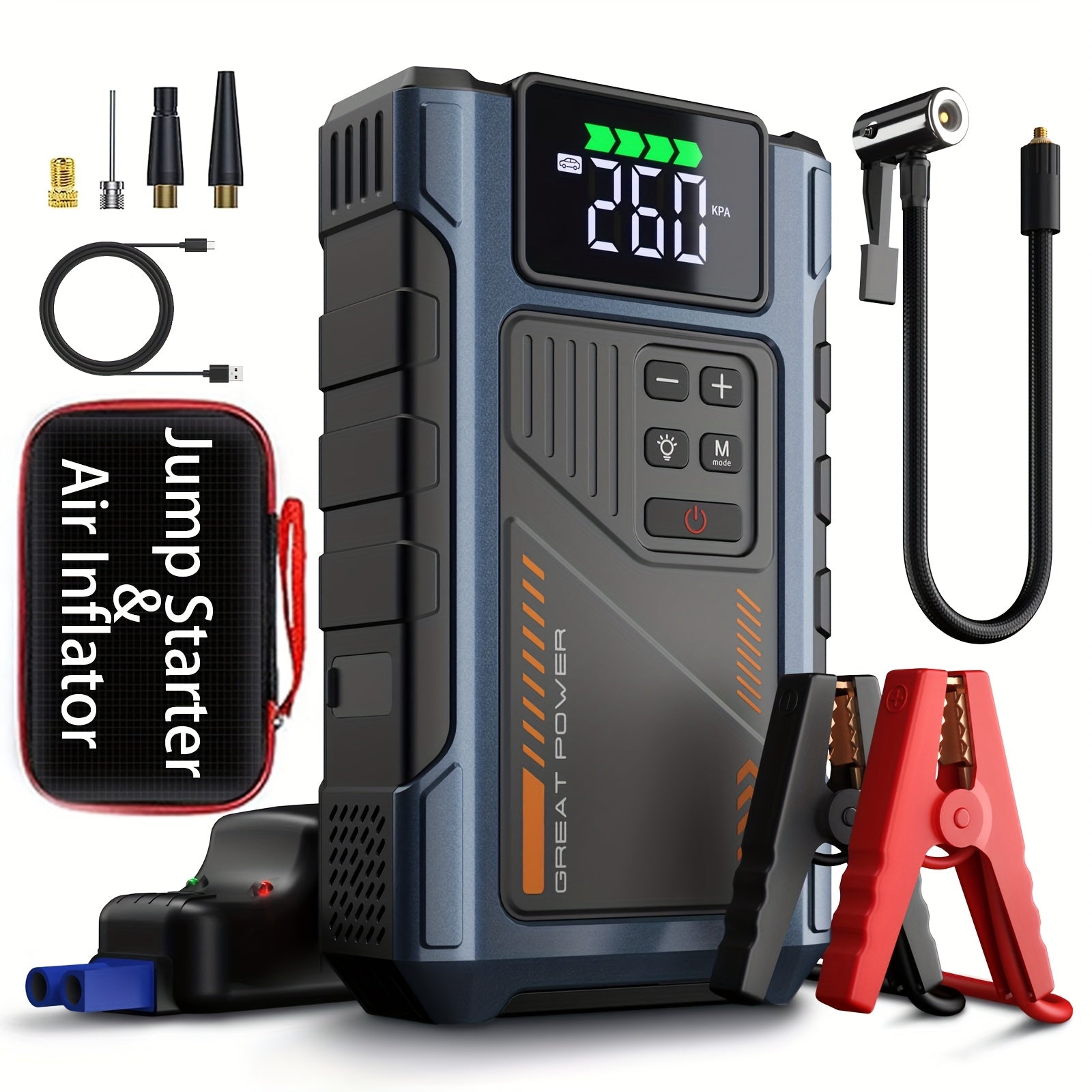 4000A Car Jump Starter with Air Compressor & Tire Inflator – All-in-One Portable Battery Booster for Gas & Diesel Engines, LED Light USB Power Bank Digital Display, Compact Emergency Car Starter