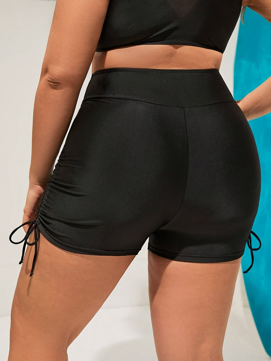 Women's Plus Size High-Waisted Swim Shorts Retro Stretchy Drawstring Pockets Machine Washable Beach Pool Swimwear Bottoms 0XL 1XL 2XL 3XL 4XL Black