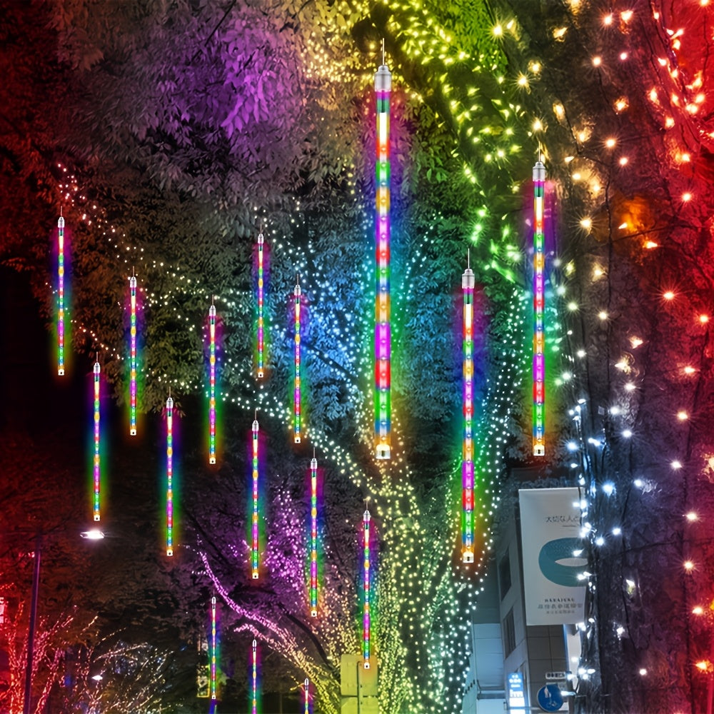 Solar Meteor Shower String Lights 192 LED Outdoor Waterproof - Flower Theme 8 Modes Fairy Lights for Garden Patio Tree Christmas Halloween Independence Day Warm White Multi-Color Blue