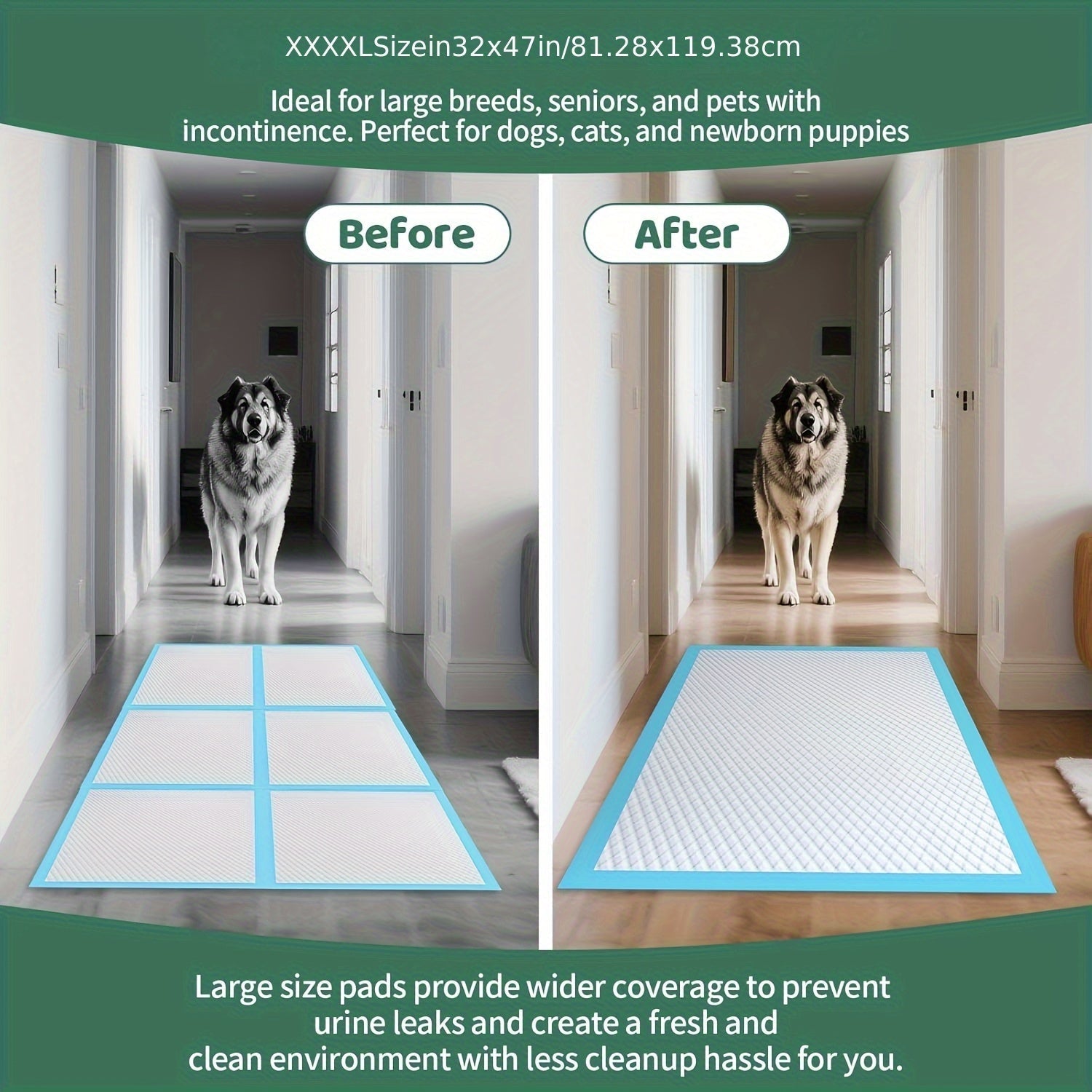 XXXL Dog Pee Pads Extra Large 8-Layer Super Absorbent Leak-Proof – Disposable Puppy Potty Pads for Cars Cages Sofas, Multiple Sizes 31x47 32x36 57x31 Inches