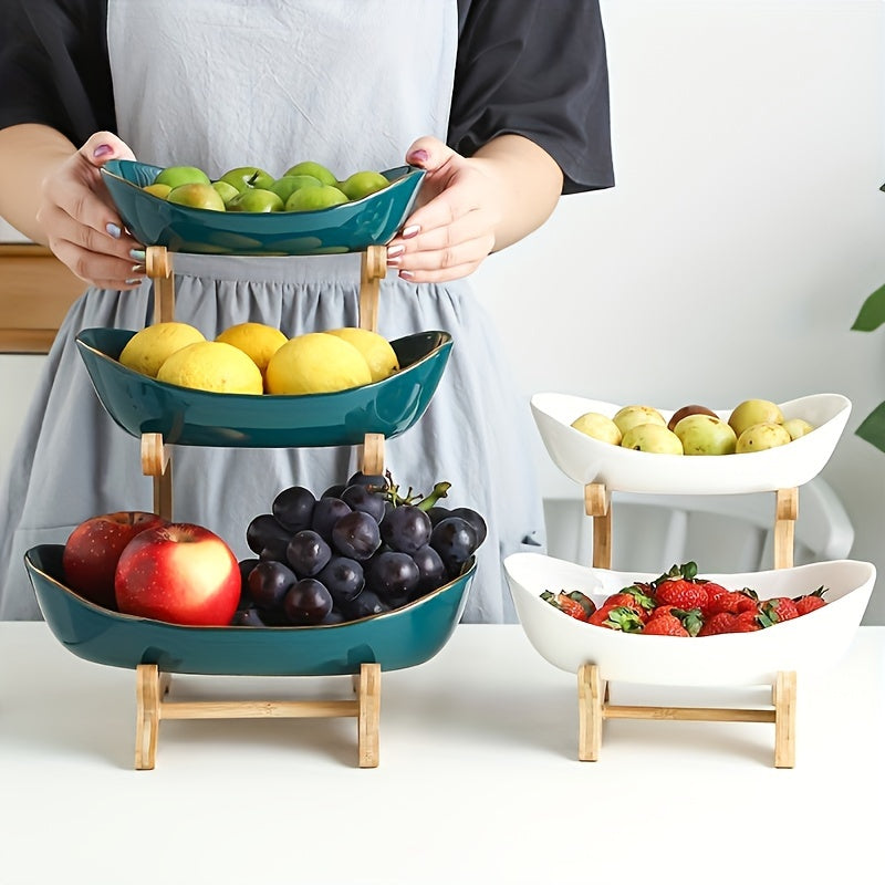 2-3 Tier Fruit Bowl Stand for Kitchen Counter – Tiered Fruit Basket with Bread Tray & Candy Display, Space-Saving Countertop Organizer for Living Room, Easy Assembly, Great Birthday & Mother's Day Gift (White/Green)
